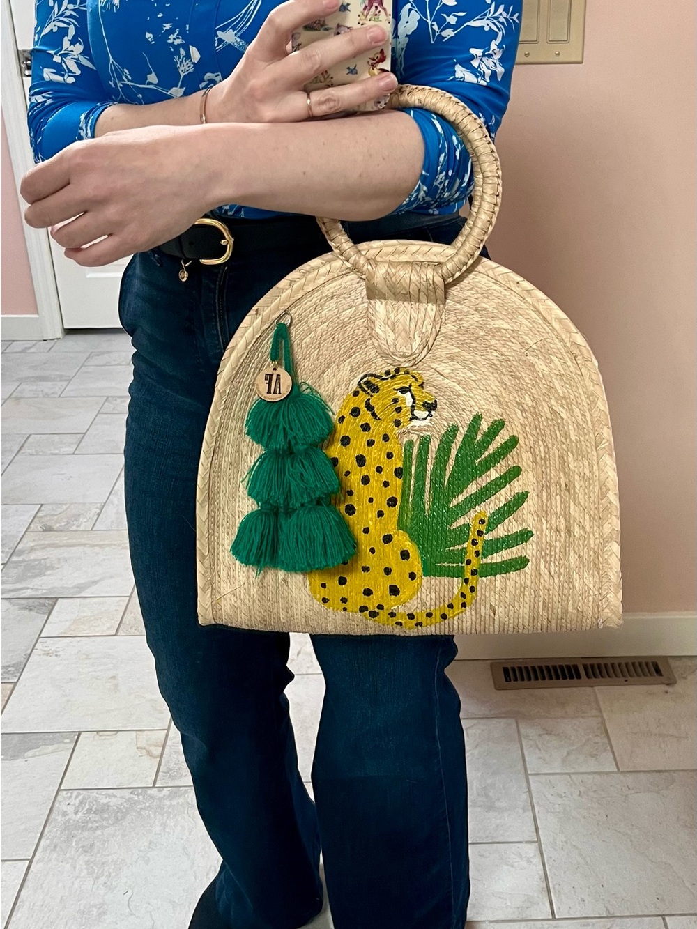 Handmade and hand painted Straw Tote with Yellow Leopard & Green Tassel Charm